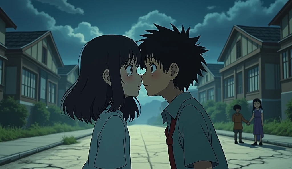 Depict an intense scene in the style of Studio Ghibli art. The younger sister, with a mischievous smile, kisses a boy in front of the older sister at school. The older sister is in the foreground, frozen in shock and disgust, her eyes full of tears. The boy doesn't seem to realize the emotional impact. The background shows his indifferent parents, barely paying attention. The environment should evoke strong feelings of betrayal, with subtle elements like a cracked sidewalk or a darkened sky to reflect the older sister's devastation.studio ghibli style art.studio ghibli style art.studio ghibli style art.studio ghibli style art