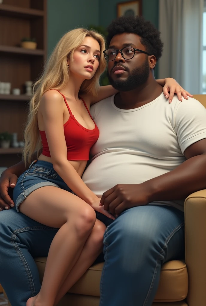 Create a realistic image of just a young woman of 2, Long hair blonde, White and clear skin, wearing a red top and denim shorts, slender and curvy body, she is sitting on the lap of an obese young man, de estatura baixa, dark black skin, wearing a white shirt and jeans with prescription glasses and is sitting on a chair in a living room.