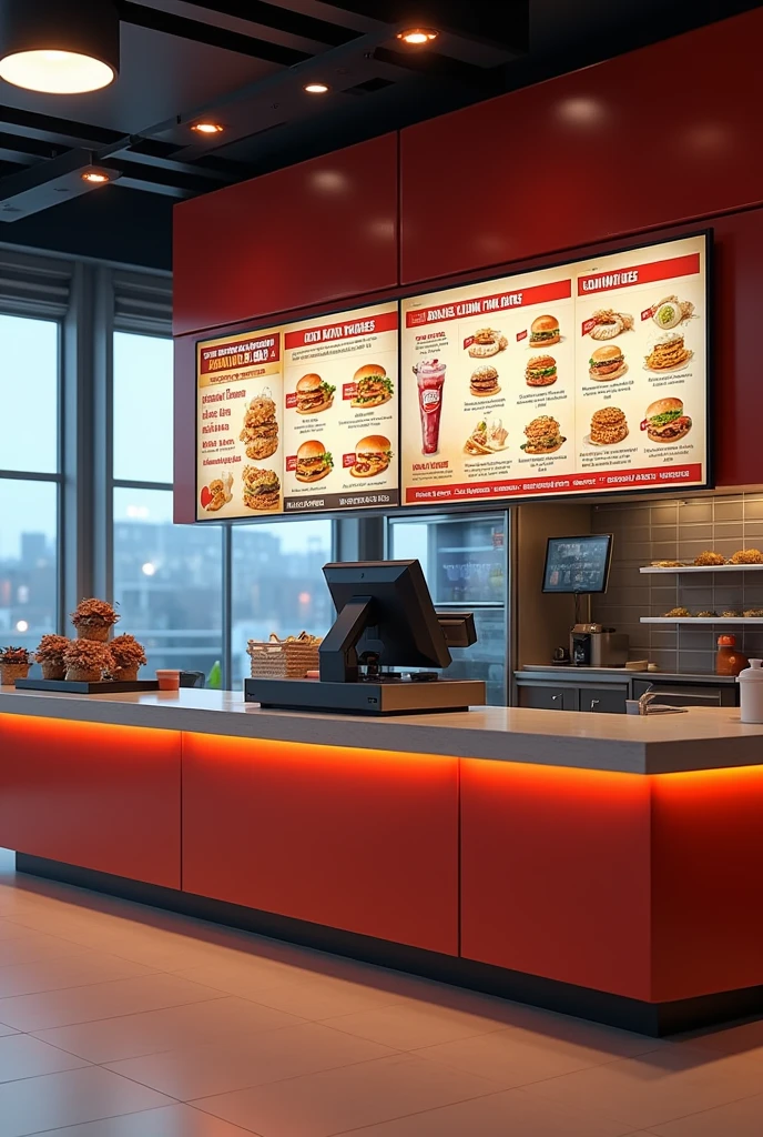 IMAGE OF A FAST FOOD RESTAURANT COUNTER SHOWING THE BURGER KING-TYPE COLLOID MENU WITHOUT PEOPLE BUT SHOWING THE POINT OF SALE