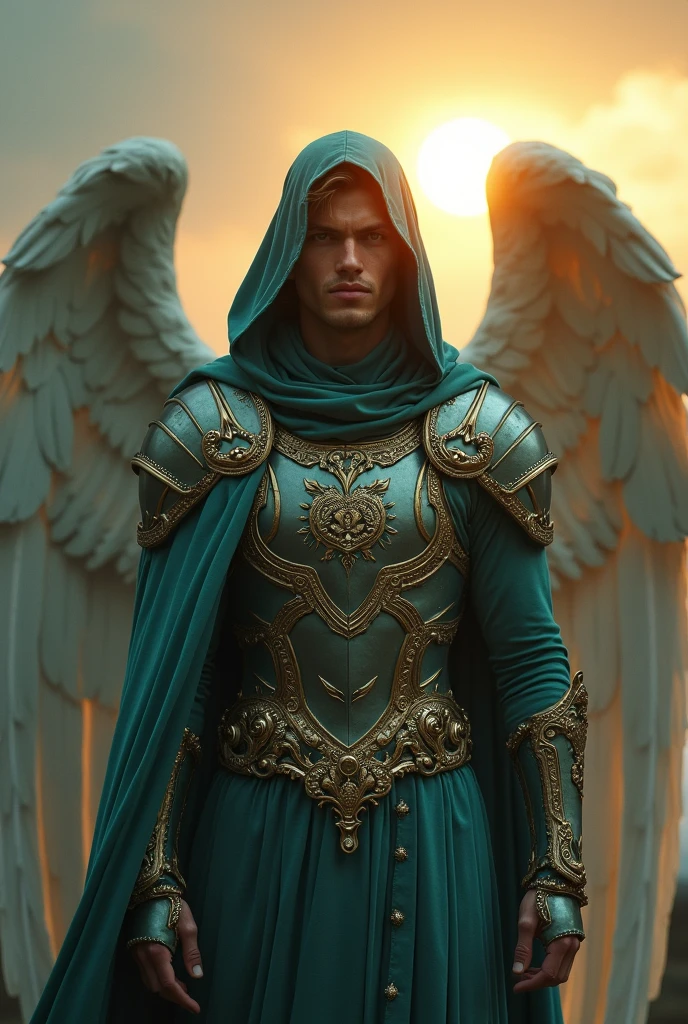 An angel man, dressed in petroleum-colored clothes, cloudy sky, new, the cloak, hooded cloak, sun shining, golden and petrol colored armor, Magnificent, Handsome, magical, celestial, caHandsome corto, photo frame.