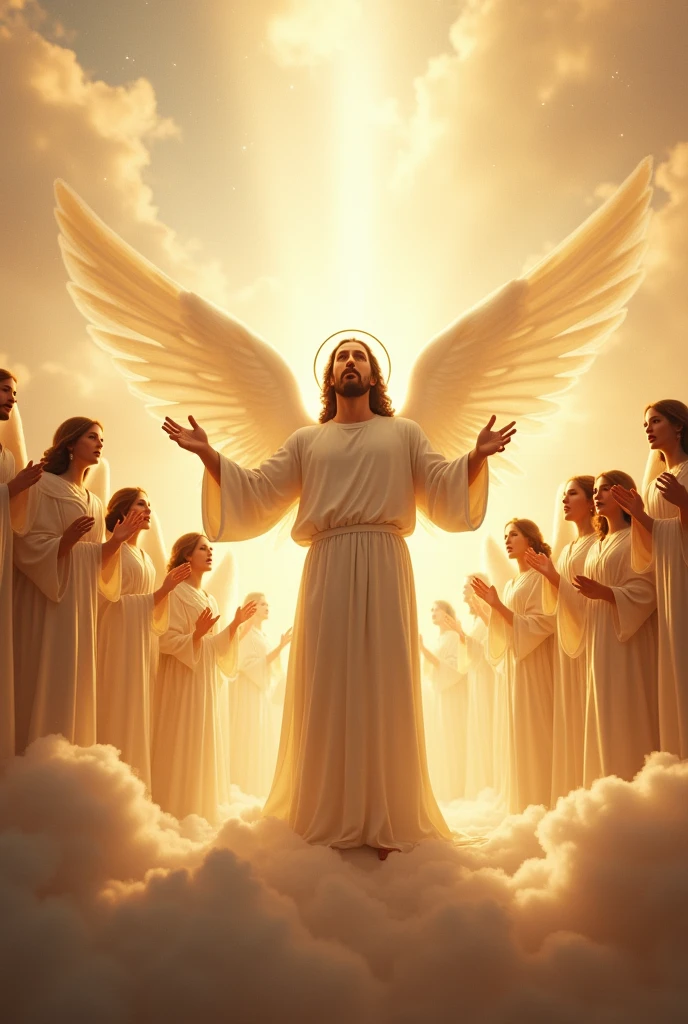 A breathtaking, ethereal scene set in the clouds of heaven, bathed in soft golden light. Jesus stands at the center, wearing a flowing white robe with a radiant halo around His head, extending His arms in a welcoming gesture. Surrounding Him are countless angels with wings of pure light, adorned in white and gold, singing in harmony. The background is filled with shimmering, celestial light and soft, pastel-colored clouds, giving the scene a peaceful and divine atmosphere. The image captures the serenity, love, and holiness of heaven