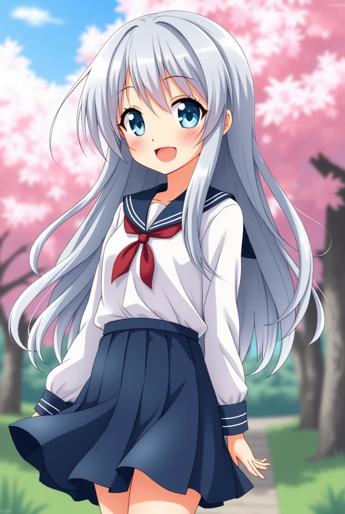 Create a traditional-style anime drawing of a young girl with long, flowing silver hair and large, expressive blue eyes. She is wearing a classic school uniform with a white blouse and a navy blue skirt. Her pose is dynamic, with a cheerful expression, standing in a serene garden setting with cherry blossoms in the background."