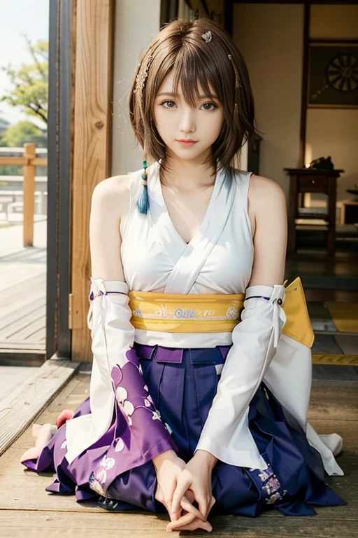 (masterpiece, best quality:1.3)
YunaFF10,  sitting on stairs of a temple, tokyo temple, red arches, looking at viewer, smile, short hair, blue eyes, skirt, brown hair, hair ornament, jewelry, underwear, green eyes, smile, standing, upper body, detached sleeves, japanese clothes, bra, heterochromia, hakama, hakama skirt, blue hakama, purple hakama, yuna ffx, big breasts