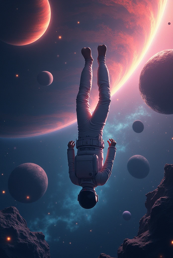 Astronaut upside down in space facing planets animated