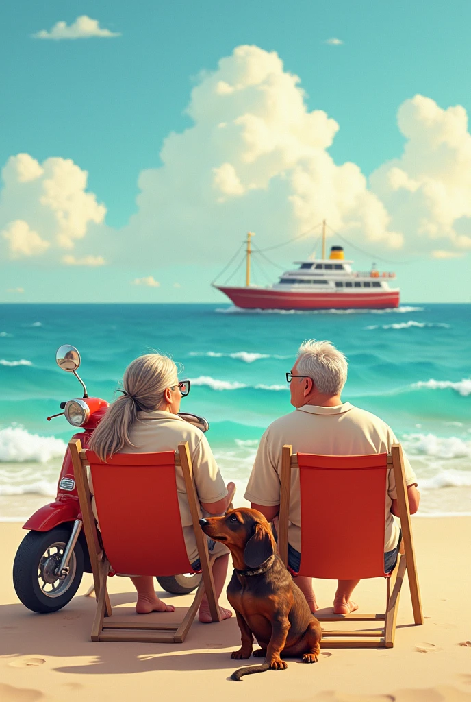 hairy dachshund dog and its owner a middle aged man and his chubby wife with long hair sitting on the beach chair both looking at the ship on the horizon with a red motorcycle parked next to the chair 