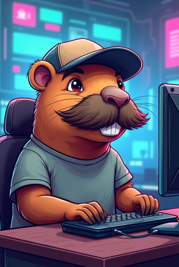 GAMER Capybara With Moustache Cap and Shirt In Cartoon Drawing