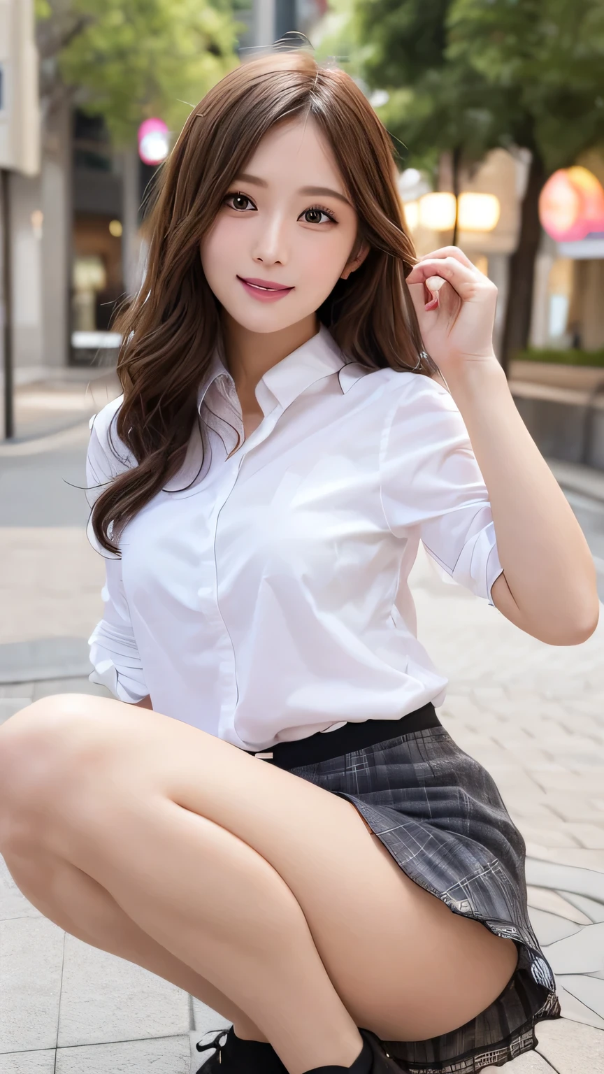 Tabletop, Highest quality, figure, Very detailed, In detail, High resolution, 8k wallpaper, Perfect dynamic composition, Beautiful attention to detail, (mini skirt、Panty shot 1.2),Medium Hair, Natural color lip, Random sexy poses,smile,Aoyama Street Walk、2