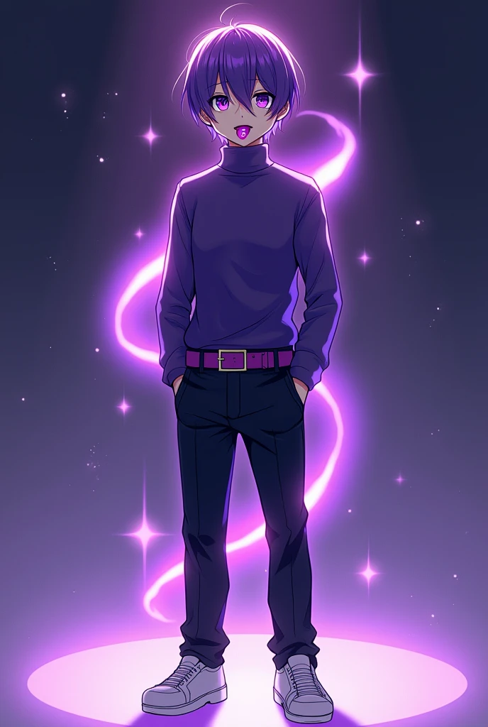 anime style, 16K, a high resolution, Best quality, high quality, super detailing, high detail, accurate, masterpiece, uhd, 1male, teenager boy, purple pupils, violet turtleneck, black trouser with violet belt, white shoes, purple hair, calm look, calming pose with hands in pockets, violet aura with small purple stars, open mouth, showing tongue with violet Moon print, full focus on body, look at the viewer,
