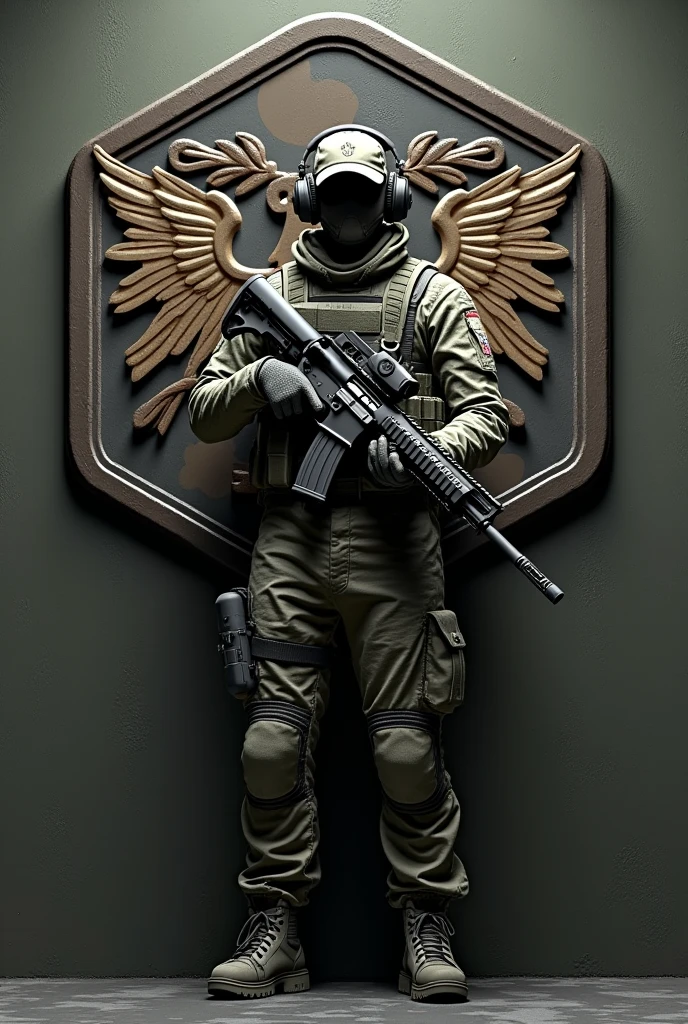 Create Hexagonal Rubber Patch Cliché Image, camouflage coat of arms background,military coat of arms with the name Lukinha Airsoft, operator carrying an m4 rifle wearing a cap and headphones