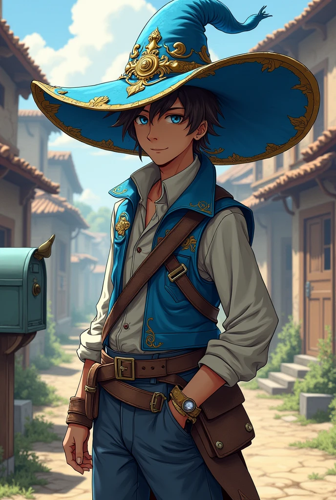 tibia game (work of art),(best qualityer:1.0), (ultra high resolution:1.0), detailed illustration, 8k, アニメ, work of art, wearing a big blue hat on his rusty head , detailed hat, best qualityer,(wanderer:1.2), mailbox, (impacto genshin), 1 , male focus, standing alone, Vest,(kbxl:0.5), estilo アニメ, vibrant archer sleeping arrows