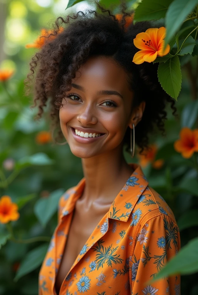 A Brazilian woman in a lush tropical garden, wearing an open shirt with a floral print, with a close-up capturing the harmonious beauty between her breasts and the natural flowers, showing off your natural charm and outgoing personality.