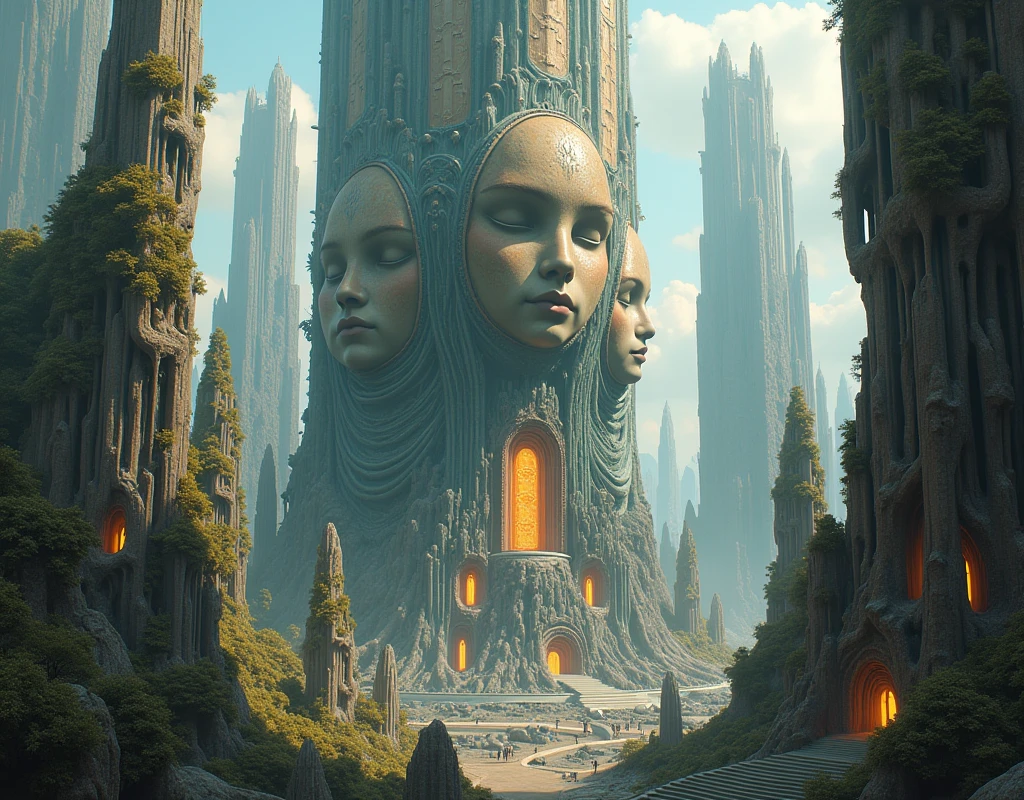 A detailed illustration of a sprawling, futuristic metropolis built from organic and metallic materials. Towering structures with intricate carvings and glowing panels rise into the sky, while smaller buildings and pathways wind through the city. Three colossal, androgynous faces are embedded in the central structure, their expressions serene and contemplative. shallow depth of field, natural soft lighting, intricate details, 16k, masterpiece, realistic, dramatic lighting film grain, 85mm, Sony a7 4 focus, 85mm 1.2 Gmaster, smooth, sharp focus, golden ratio, dramatic illumination, ultra-realistic, wonderful masterpiece highly detailed, beautiful cinematic light deep focus, 