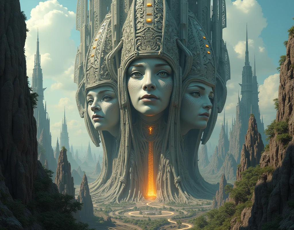 A detailed illustration of a sprawling, futuristic metropolis built from organic and metallic materials. Towering structures with intricate carvings and glowing panels rise into the sky, while smaller buildings and pathways wind through the city. Three colossal, androgynous faces are embedded in the central structure, their expressions serene and contemplative. shallow depth of field, natural soft lighting, intricate details, 16k, masterpiece, realistic, dramatic lighting film grain, 85mm, Sony a7 4 focus, 85mm 1.2 Gmaster, smooth, sharp focus, golden ratio, dramatic illumination, ultra-realistic, wonderful masterpiece highly detailed, beautiful cinematic light deep focus, 