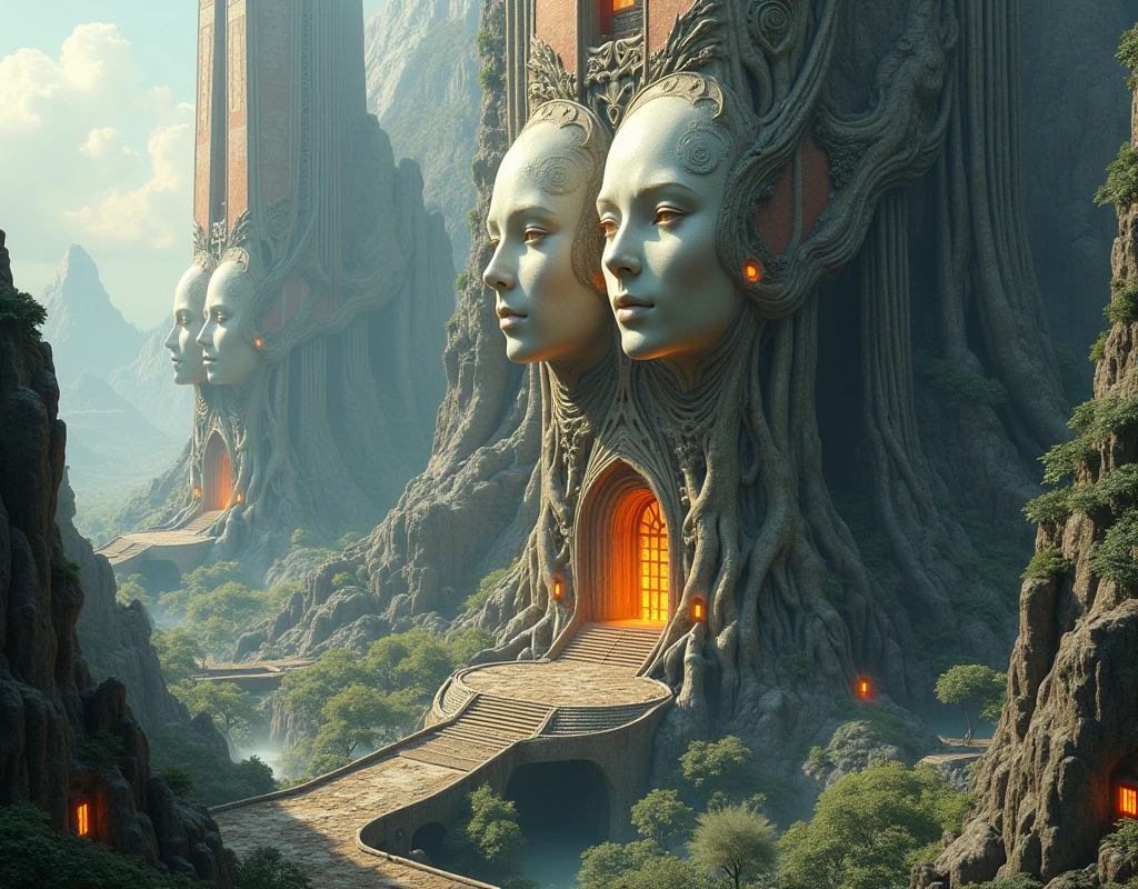 A detailed illustration of a sprawling, futuristic metropolis built from organic and metallic materials. Towering structures with intricate carvings and glowing panels rise into the sky, while smaller buildings and pathways wind through the city. Three colossal, androgynous faces are embedded in the central structure, their expressions serene and contemplative. shallow depth of field, natural soft lighting, intricate details, 16k, masterpiece, realistic, dramatic lighting film grain, 85mm, Sony a7 4 focus, 85mm 1.2 Gmaster, smooth, sharp focus, golden ratio, dramatic illumination, ultra-realistic, wonderful masterpiece highly detailed, beautiful cinematic light deep focus,