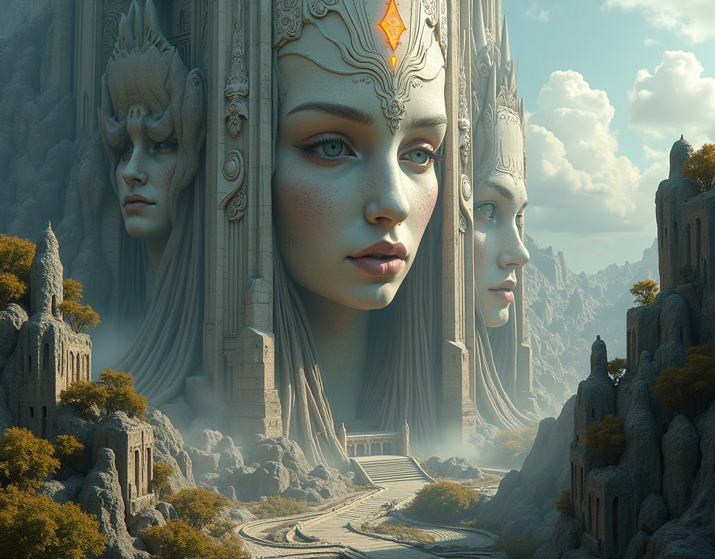 A detailed illustration of a sprawling, futuristic metropolis built from organic and metallic materials. Towering structures with intricate carvings and glowing panels rise into the sky, while smaller buildings and pathways wind through the city. Three colossal, androgynous faces are embedded in the central structure, their expressions serene and contemplative. shallow depth of field, natural soft lighting, intricate details, 16k, masterpiece, realistic, dramatic lighting film grain, 85mm, Sony a7 4 focus, 85mm 1.2 Gmaster, smooth, sharp focus, golden ratio, dramatic illumination, ultra-realistic, wonderful masterpiece highly detailed, beautiful cinematic light deep focus,