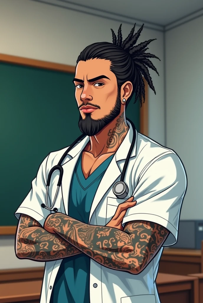 Anime style image of a veterinarian doctor, man, Chilean, dark-skinned, using braids, with a degraded haircut, using short beard, with tattoos on their arms, in a classroom with a blackboard in the background 