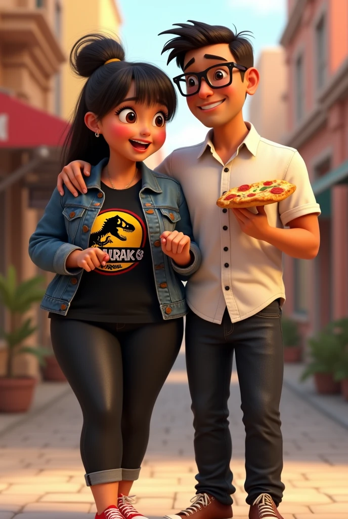 A couple arm in arm.
She is smiling, has a robust build, wide legs, small ears, and a light complexion., wide nose big brown eyes hair in a bun and straight curtain bangs, you wore a black Jurassic Park blouse, with a black denim jacket, black jeans and red converse. He is of slim build, tez morena, He wears square glasses, a wide nose, small eyes, short dark straight hair, small ears, and a formal white button-down shirt and black dress pants with brown shoes., protagonists of a Disney Pixar movie digital art. eating pizza