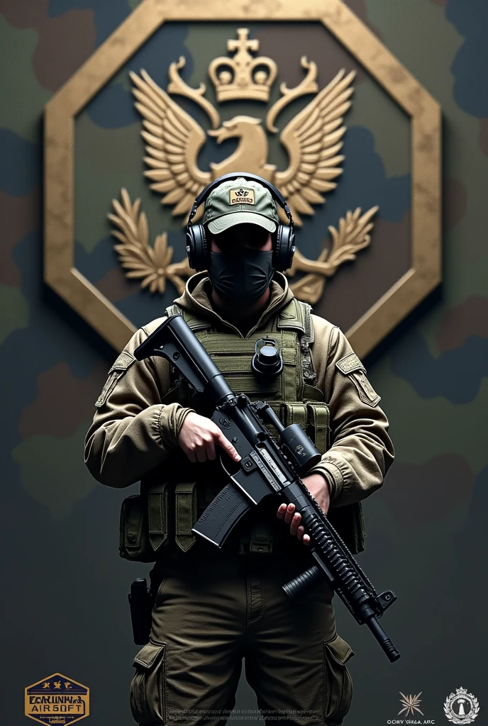 Create Hexagonal Rubber Patch Cliché Image, camouflage coat of arms background,military coat of arms with the name Lukinha Airsoft, operator carrying an m4 rifle wearing a cap and headphones