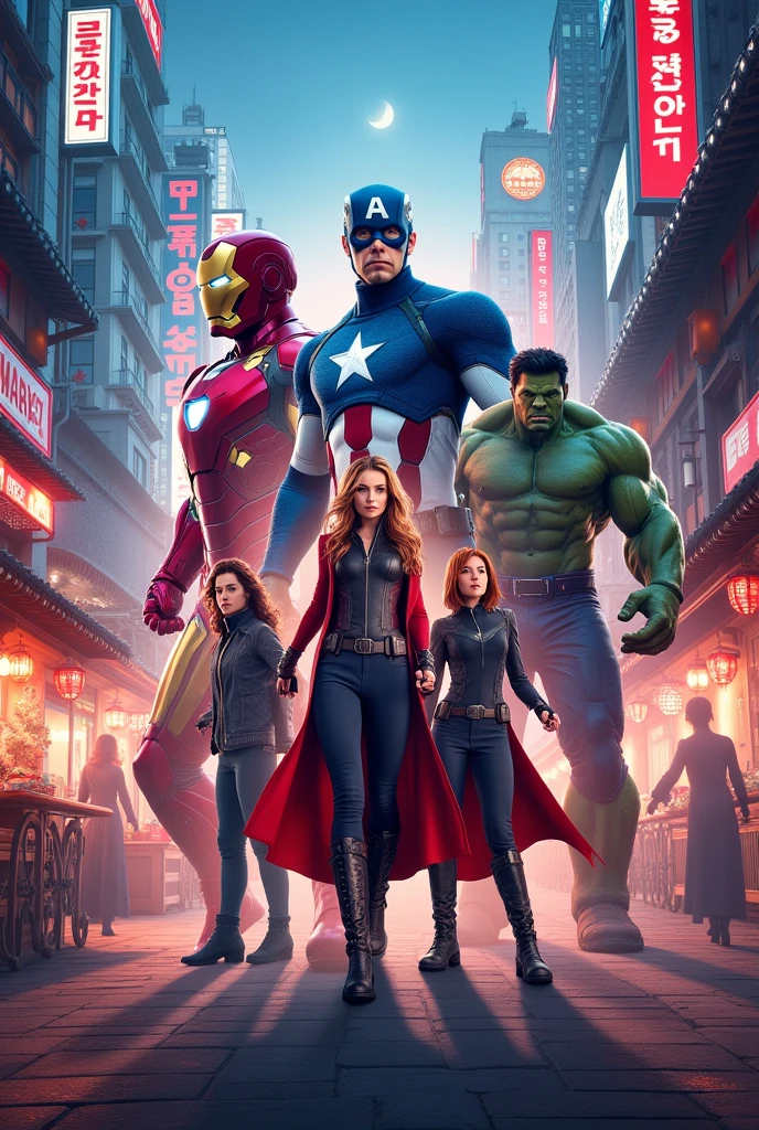 Create an image of a MARVEL movie poster and MARVEL characters with the theme of: Seoul the capital of South Korea with more elements of the city bring me with more Korean highlights
