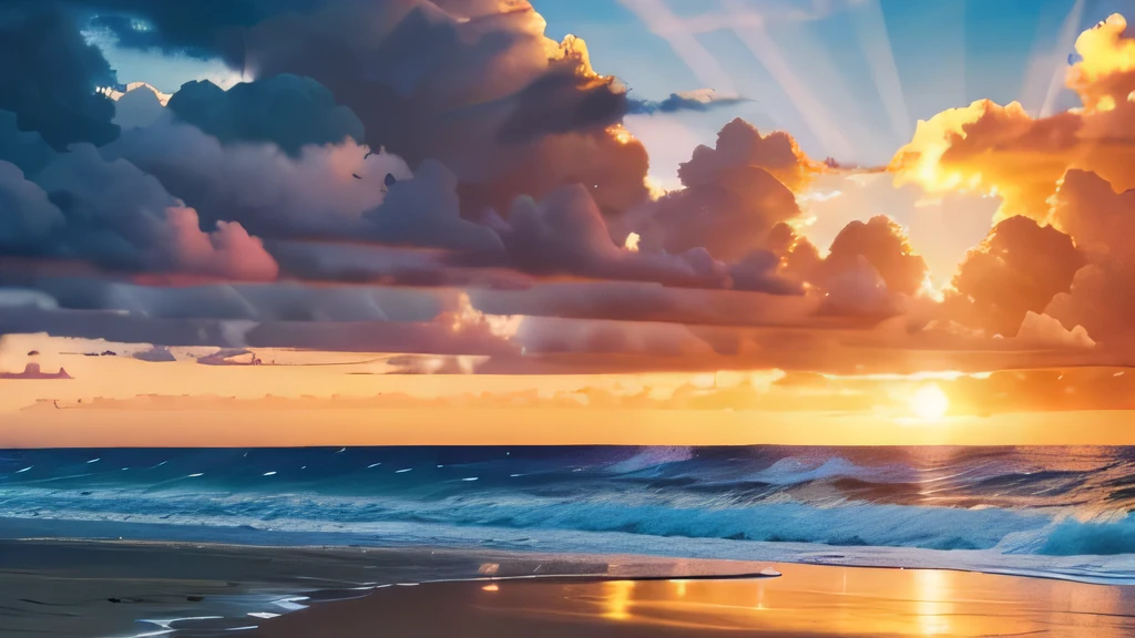 a beautiful beach at sunset, dramatic clouds in the sky, golden sun, crashing ocean waves, serene seascape, photorealistic, 8k, hyperdetailed, highly detailed, masterpiece, vibrant colors, natural lighting, cinematic composition, stunning scenery