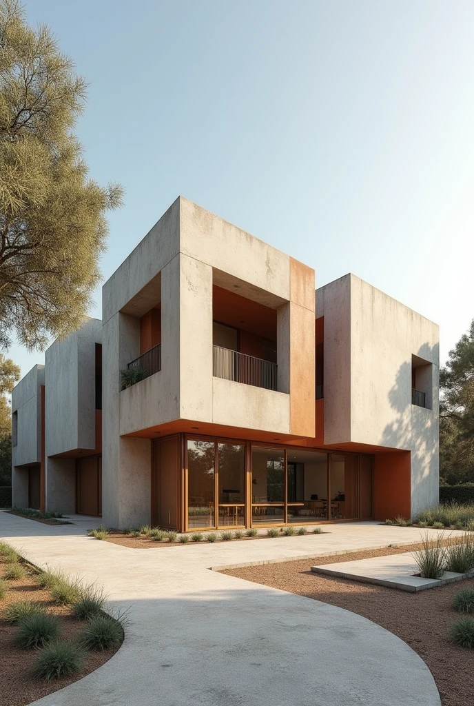 Create an architectural image for the outside of a very large one-story equine therapy center for people with disabilities that looks complete with the characteristics of the works of architect Carme Pinós, with very abstract and superimposed square figures, with different materials, without so many curved lines and with more patios inside and outside