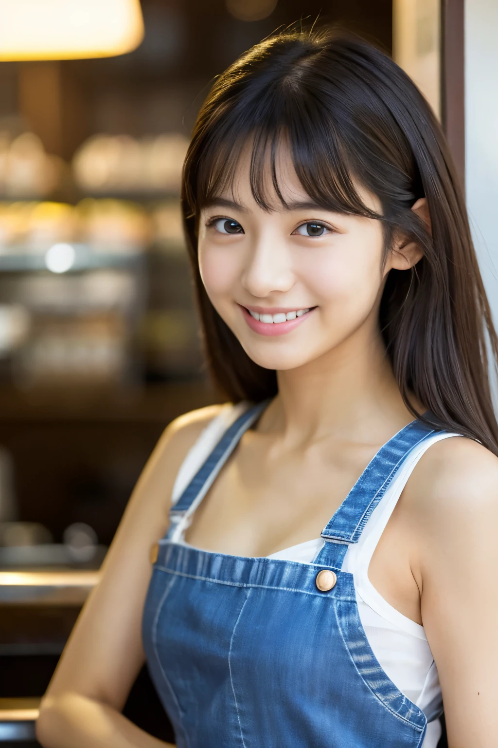 2 woman、Close-up、Small breasts、White skin、 Smiling Japanese model、 Cute gravure idol、 Young Gravure Idol、 若くてCute gravure idol、 リアルにCute gravure idol、 笑顔がCute gravure idol、 A sophisticated gravure idol、Sexy Actress、AV actress、Thighs、No Pan Cafe、waitress、Short length apron、Retro Cafe、indirect lighting、