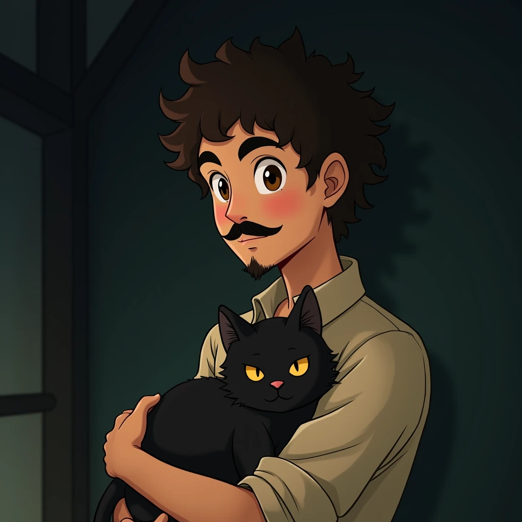 I would like a Ghibli style profile icon of a young man with a Handlebar mustache, a beard only under his mouth and on the tip of his chin, brown eyes and curly hair on top and sides cut shorter and he is holding a black cat, the background is something a little darker
