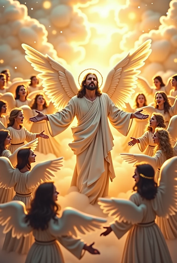 A breathtaking, ethereal scene set in the clouds of heaven, bathed in soft golden light. Jesus stands at the center, wearing a flowing white robe with a radiant halo around His head, extending His arms in a welcoming gesture. Surrounding Him are countless angels with wings of pure light, adorned in white and gold, singing in harmony. The background is filled with shimmering, celestial light and soft, pastel-colored clouds, giving the scene a peaceful and divine atmosphere. The image captures the serenity, love, and holiness of heaven