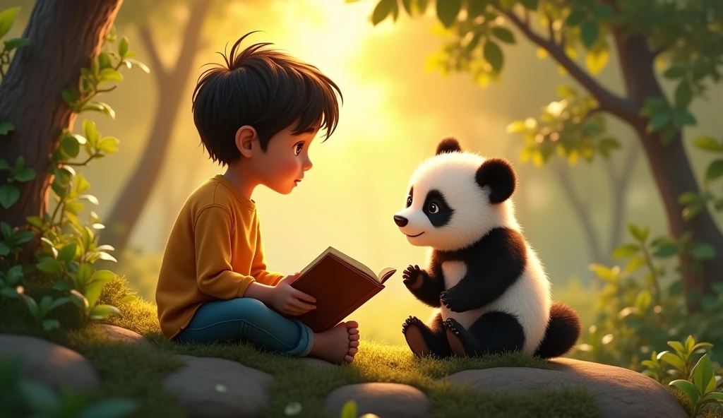 Storytime in the Forest:

"Ayan sitting on a rock, telling a story in Urdu to Pari, the baby panda. Pari is sitting close to Ayan, her round eyes wide with curiosity. The setting sun casts a warm golden light through the trees, creating a peaceful and magical atmosphere in the forest."