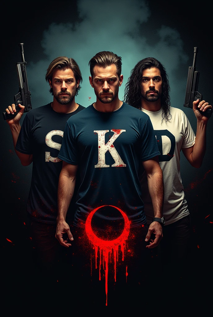 Gamer logo of three people with weapons and initials on their shirts (s)the other one (k) y the other one (D)  that the background is horror that one is dark the other white and the other with long hair that they are men with the initials on the shirt one with the (s) the other with the (k) and the long-haired one with the(D)
