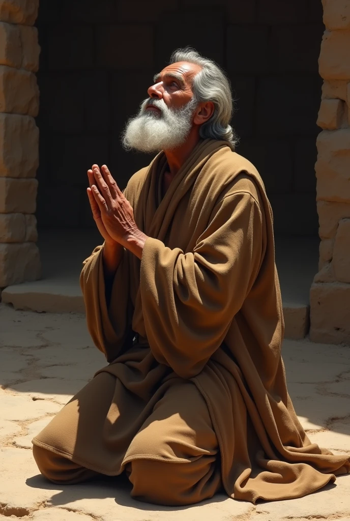 Samuel in Israelite robes kneeling and praying looking up