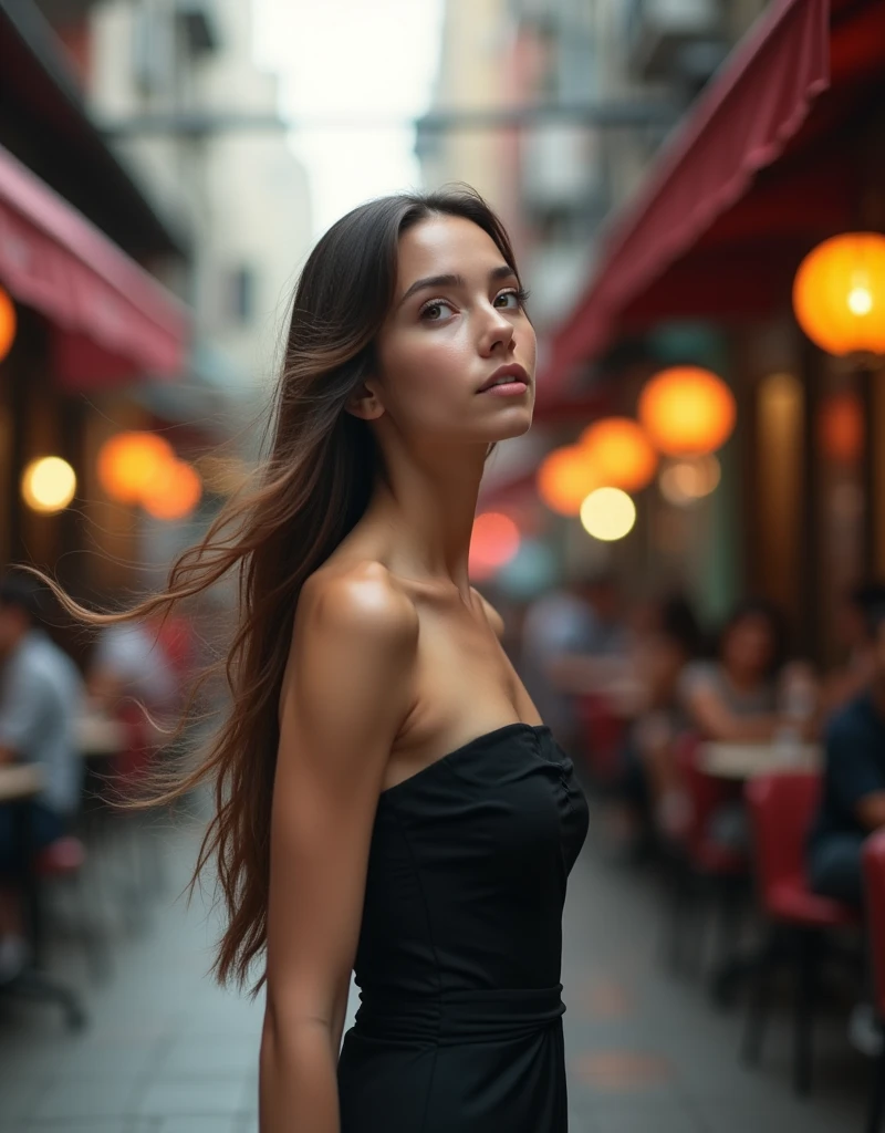 she is name ahu 20 years old (brunette) ,(tall woman),(long legs),single woman, chest 80 waist 60 hip 80 , G30, tall woman walk crowded city. she is wear black strapless dress, looking to city view she gazed around , aftrenoon, background cafes,RAW, Nikon Z 85mm, award-winning glamor photography, ((best quality)), ((masterpiece)), ((realistic)), (long brunette hair), hazel eyes,intricate details, highly detailed, sharp focus, professional, 4k, stunning hazel eyes, delicate, innocent, high resolution, detailed facial features, high detail, sharp focus, soft , aesthetic, extremely detailed, photo_\(ultra\), photorealistic, realistic, post-processing, maximum detail, real life, ultra-realistic, photorealism, photography, 8k uhd, photography, russian face