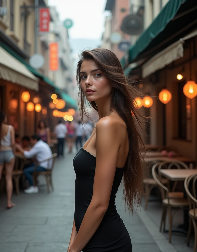 she is name ahu 20 years old (brunette) ,(tall woman),(long legs),single woman, chest 80 waist 60 hip 80 , G30, tall woman walk crowded city. she is wear black strapless dress, looking to city view she gazed around , aftrenoon, background cafes,RAW, Nikon Z 85mm, award-winning glamor photography, ((best quality)), ((masterpiece)), ((realistic)), (long brunette hair), hazel eyes,intricate details, highly detailed, sharp focus, professional, 4k, stunning hazel eyes, delicate, innocent, high resolution, detailed facial features, high detail, sharp focus, soft , aesthetic, extremely detailed, photo_\(ultra\), photorealistic, realistic, post-processing, maximum detail, real life, ultra-realistic, photorealism, photography, 8k uhd, photography, russian face