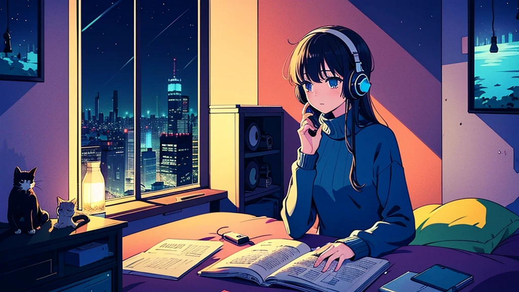 A detailed anime girl, wearing a large sweater, wearing headband headphones, lofi, tranquil, quiet vibes, chilling, in her bedroom looking at the window, night, quiet night, cat, masterpiece, best quality