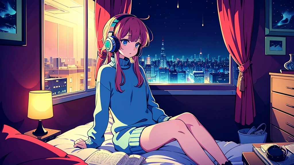 A detailed anime girl, wearing a large sweater, wearing headband headphones, lofi, tranquil, quiet vibes, chilling, in her bedroom looking at the window, night, quiet night, cat, masterpiece, best quality