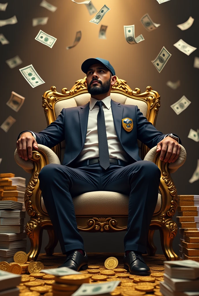 Image of Nayib Bukele, President of El Salvador, wearing a cap, sitting on his throne like a king and lots of bills.flying and bundles of money bills on the floor, and many bitcoin coins 