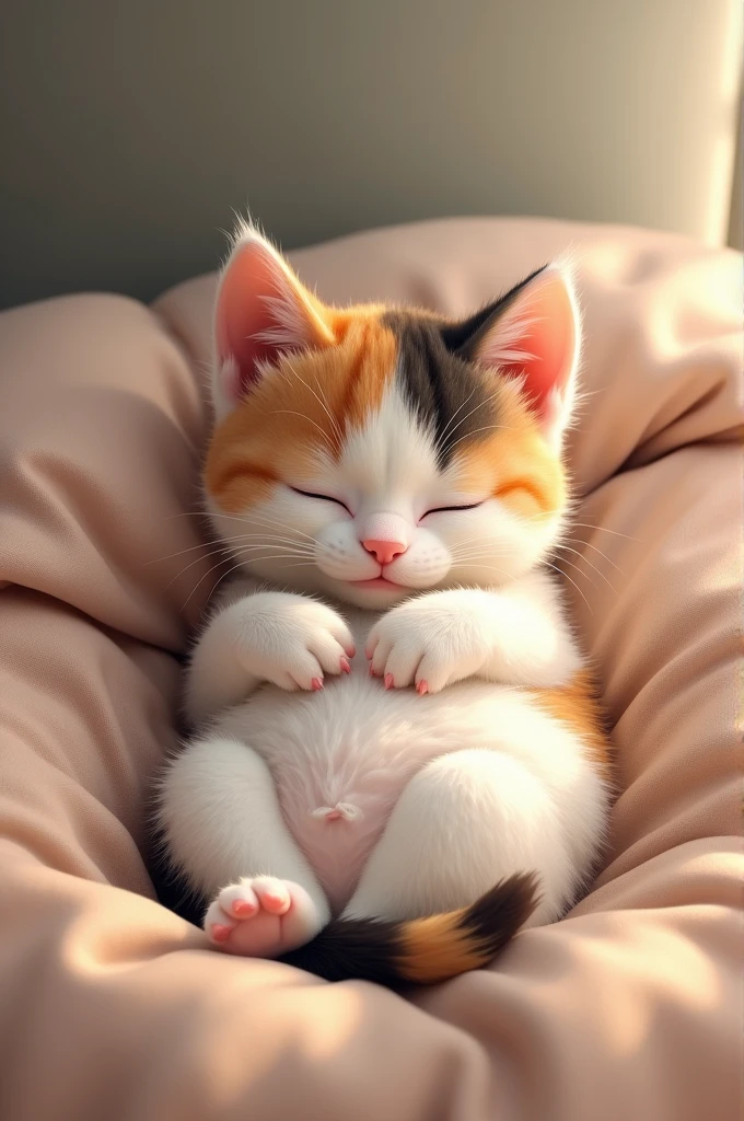 Cute calico kitten、Sleeping in bed