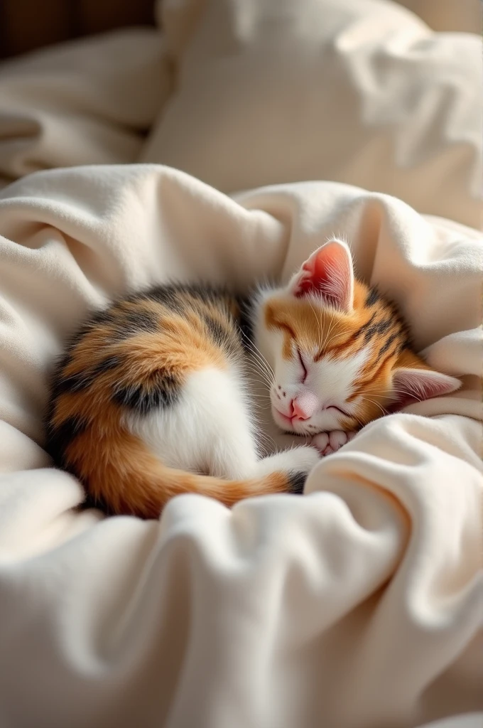 Cute calico kitten、Sleeping in bed