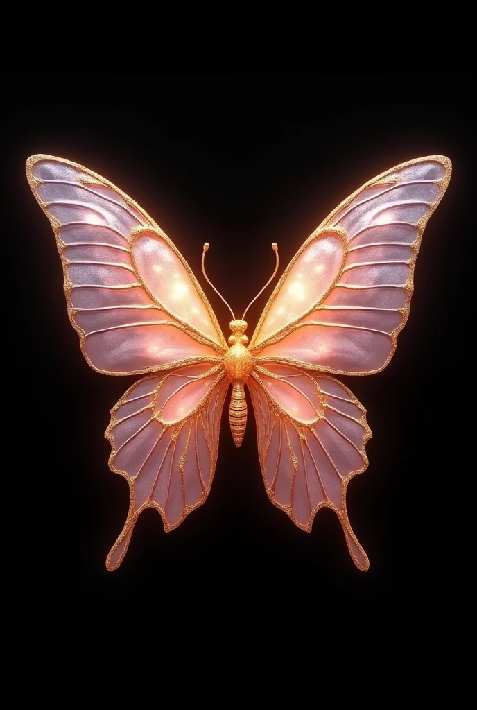 Completely black background with a butterfly in the middle of the screen, with colors in combination with pale pink and gold, crystal art style, medieval and mythical, that has details within the structure of the drawing referring to a parrot,  a sea turtle and a musical note 
