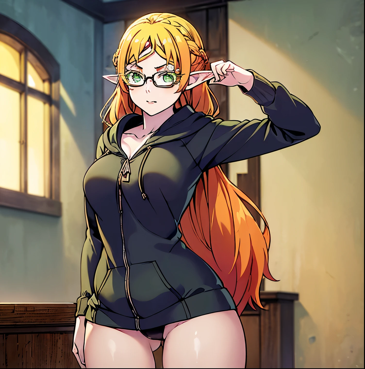 ((1girl)),((alone)),Sui tsundere elf,\(isekai ojisan\),(masterpiece), (best quality), (ultra detailed), (best illustration), (best shadow), (absurdities ), sharp focus, cowboy shot, atmospheric perspective, depth of field, dynamic posture, ((looking at viewer)), medium breasts, narrow waist, wide hips, wide thighs, round butt, erotic, romantic, (highly detailed eyes , lips 1.1), highly detailed eyes, eyes, Highly detailed face, Very beautiful face, Symmetrical face, Aesthetic face, perfect face, perfect eyes, detailed eyelashes: 1.5), full height, beautiful slim figure, femininity, expressive appearance, breasts elastic mediums, sexuality, parted lips, long hair, blonde hair, (green eyes: 1.5), pointed ears, elf, multicolored hair, ((glasses with black frames: 1.2)), braid, ((french braid: 1.3)) , ((neckline:1.3)), hoodie, hoodie, ((hoodie gray:1.4)),((hood down:1.2)), ((clavicle)), bare legs:1.3, green panties:1.3,curves, defined body,Perfect and beautiful body, perfect and beautiful, closed mouth, mocking smile , embarrassed expression,(sexy pose: 1.2), ((solo)), standing: 1.3,((interior, apartment, room, bedroom, bed, table, computer, window, night, cityscape, buildings, city lights )), Looking forward,((focus on thighs:1.4)), point of view:(from below), perfect anatomy, perfect hands