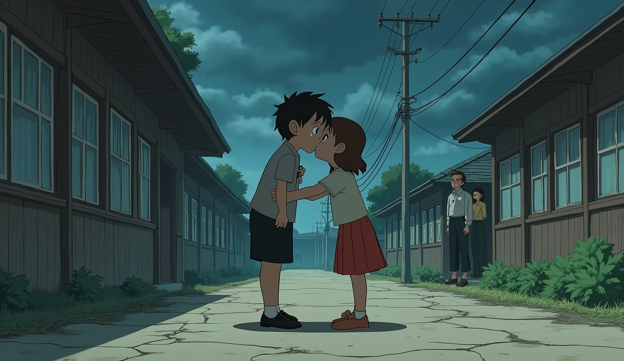 Depict an intense scene in the style of Studio Ghibli art. The younger sister, with a mischievous smile, kisses a boy in front of the older sister at school. The older sister is in the foreground, frozen in shock and disgust, her eyes full of tears. The boy doesn't seem to realize the emotional impact. The background shows his indifferent parents, barely paying attention. The environment should evoke strong feelings of betrayal, with subtle elements like a cracked sidewalk or a darkened sky to reflect the older sister's devastation.studio ghibli style art.studio ghibli style art.studio ghibli style art.studio ghibli style art