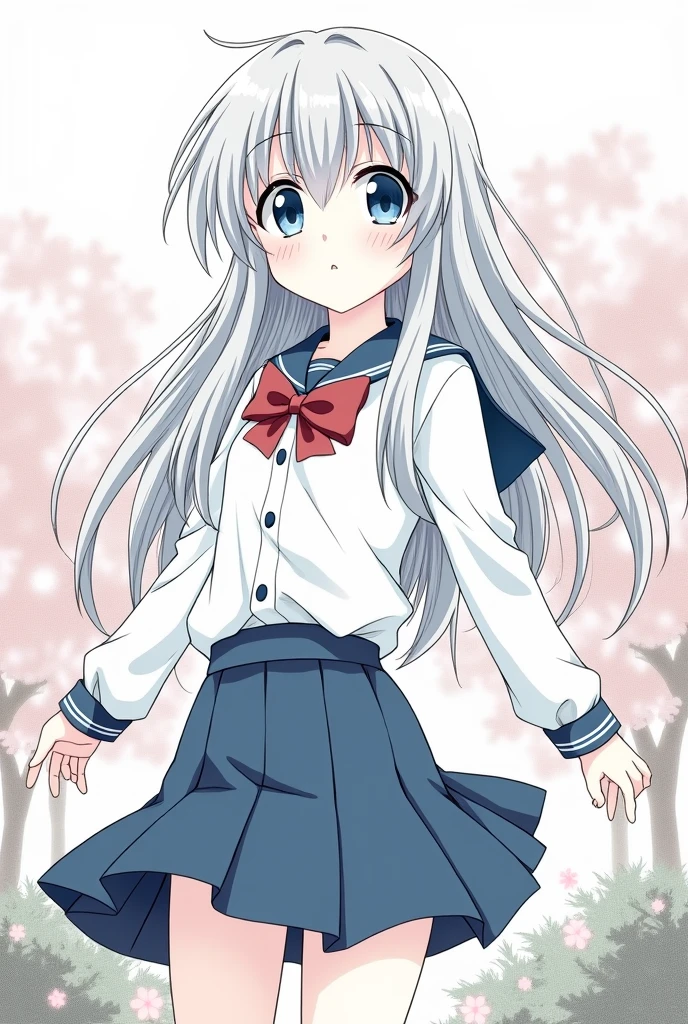 Create a traditional-style anime drawing of a young girl with long, flowing silver hair and large, expressive blue eyes. She is wearing a classic school uniform with a white blouse and a navy blue skirt. Her pose is dynamic, with a cheerful expression, standing in a serene garden setting with cherry blossoms in the background. No color just pencil drawing