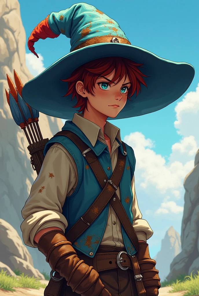 tibia game (work of art),(best qualityer:1.0), (ultra high resolution:1.0), detailed illustration, 8k, アニメ, work of art, wearing a big blue hat on his rusty head , detailed hat, best qualityer,(wanderer:1.2), red lo, bed-in, (impacto genshin), 1 , male focus, standing alone, Vest,(kbxl:0.5), estilo アニメ, vibrant archer sleeping arrows
