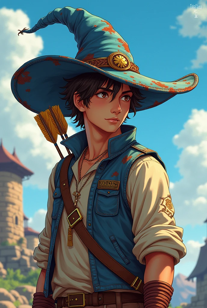 tibia game (work of art),(best qualityer:1.0), (ultra high resolution:1.0), detailed illustration, 8k, アニメ, work of art, wearing a big blue hat on his rusty head , detailed hat, best qualityer,(wanderer:1.2), red lo, bed-in, (impacto genshin), 1 , male focus, standing alone, Vest,(kbxl:0.5), estilo アニメ, vibrant archer sleeping arrows