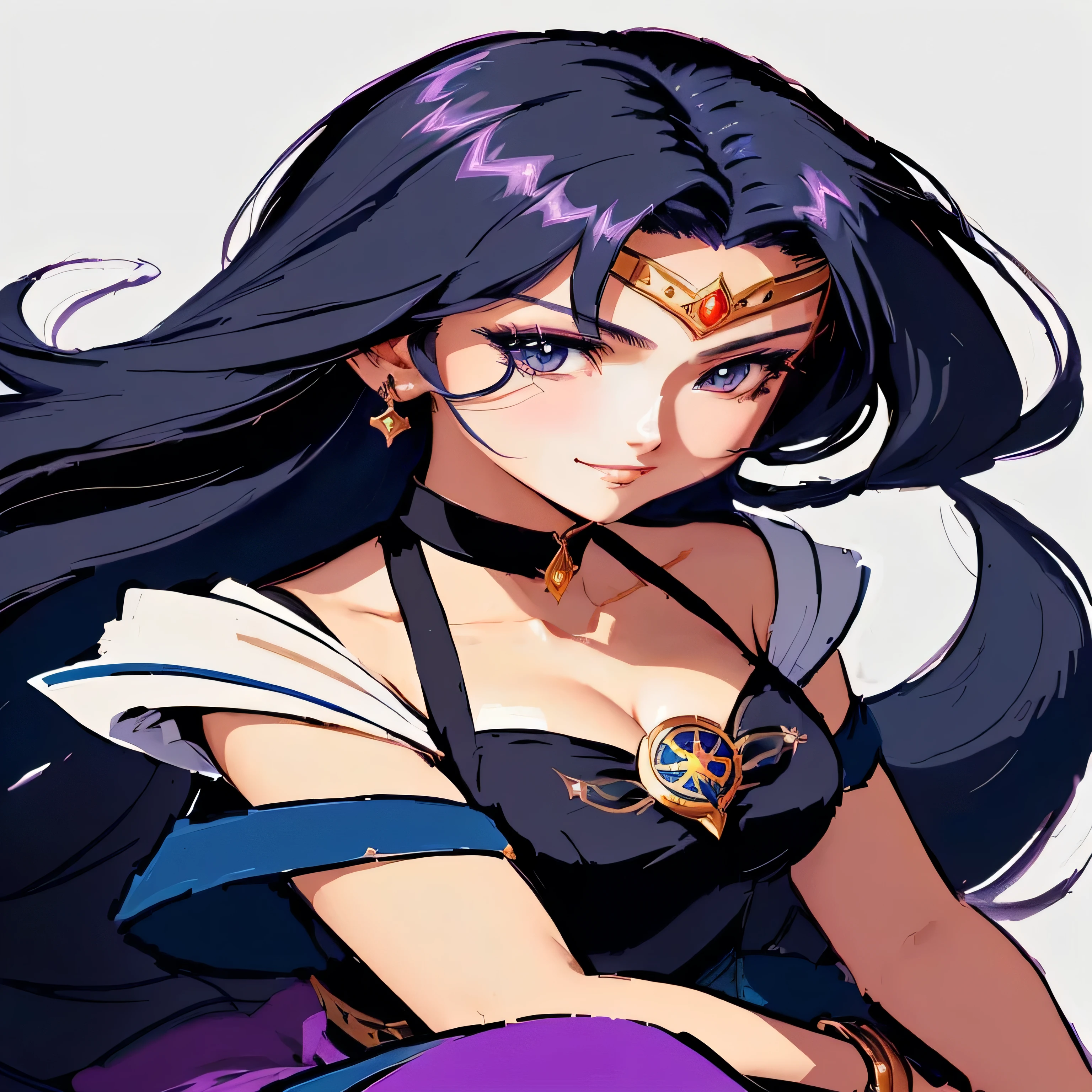 a close up of a woman with long hair and a sword, portrait girl of the zodiac knights, girl of the zodiac knights, portrait of a female anime heroine, Anime goddess, anime artstyle, anime art style, high quality anime artstyle, the goddess Artemis smiling, dust, anime in fantasy style, black hair wizard, Anime princess, sailor moon style