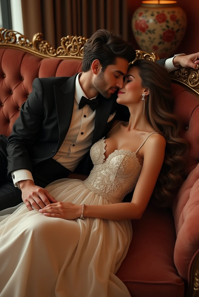 Caucasian brown haired woman lying on a couch in a ball gown. next to you there is a man in a suit holding your hand ,the man has white skin. the atmosphere is rich and chic