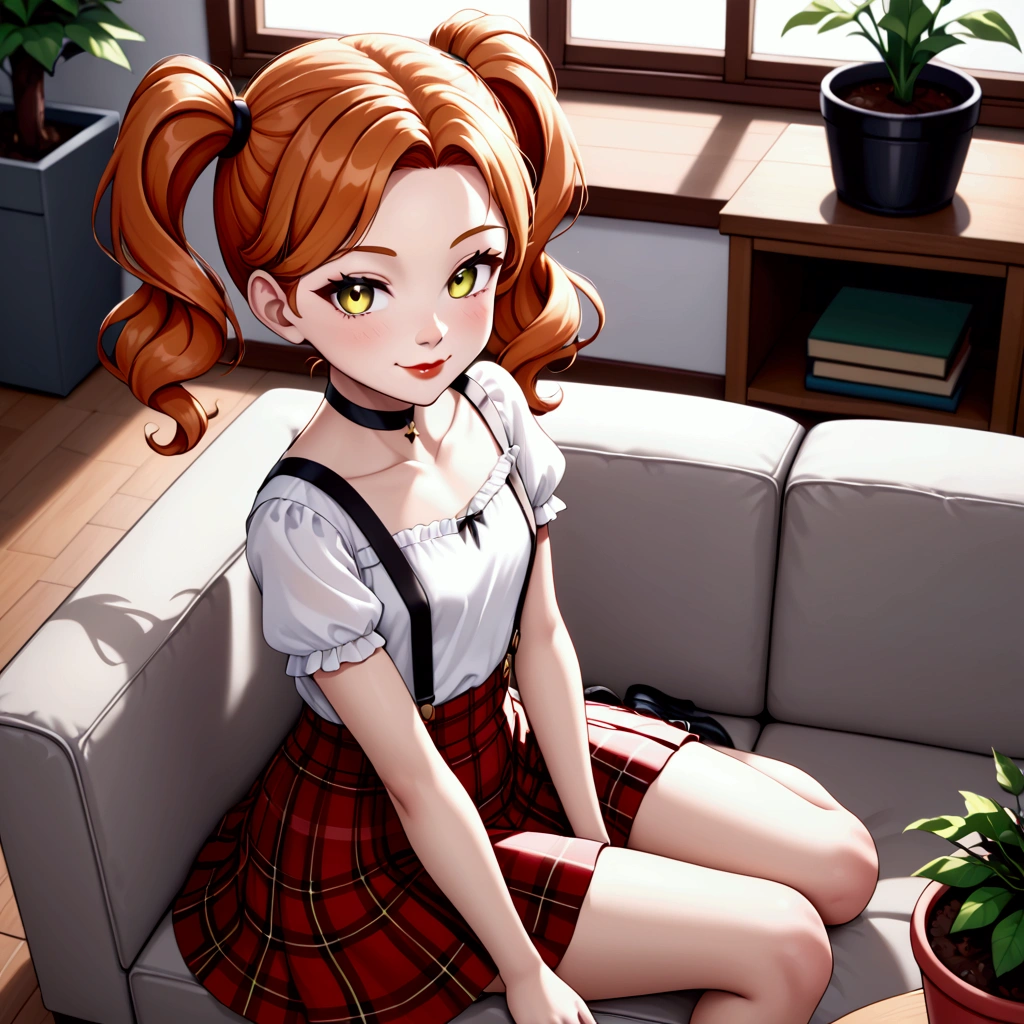 close up, evening light, high angle view, 1girl:1.2, ginger fur ears:1.5 black elastic band on ginger wavy medium hair with 2ponytails, black choker, black suspenders on very short white blouse with short sleeves, thin very red lips, school plaid red skirt, green-yellow eyes, smiled thin face, she sitting on the light grey sofa with books in hands, big ass and very small chest:1.2, sharp nose, blurry background, white walls, correct anatomy, anime art style, plants in pot on the wooden floor