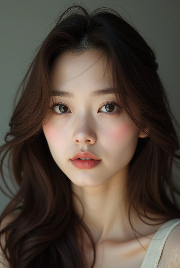 Round eyes、Double eyelids、Brown eyes、Long eyelashes、Realistic Photo, 30 year old Japanese woman,Brown Hair、Wavy long hair、Thin lips、Heavy makeup