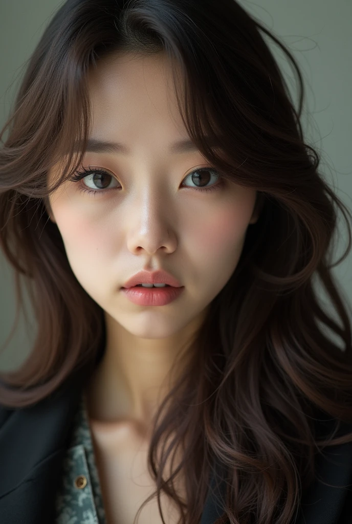 Round eyes、Double eyelids、Brown eyes、Long eyelashes、Realistic Photo, 30 year old Japanese woman,Brown Hair、Wavy long hair、Thin lips、Heavy makeup