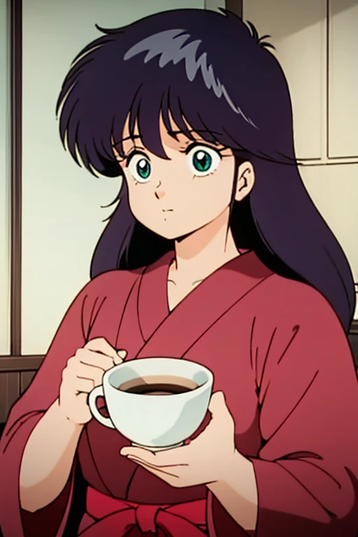 A young girl is holding a coffee cup in her hand,  cute 綺麗な顔, cuteナチュラルなアニメの顔, cute - 素敵な - 顔で, sakimi chan, Chiho, Yoshitomo Nara, 若くてcute顔, Beautiful Japanese girl face, 茶色の髪とBig eyes, cute, Beautiful light、Big eyes
